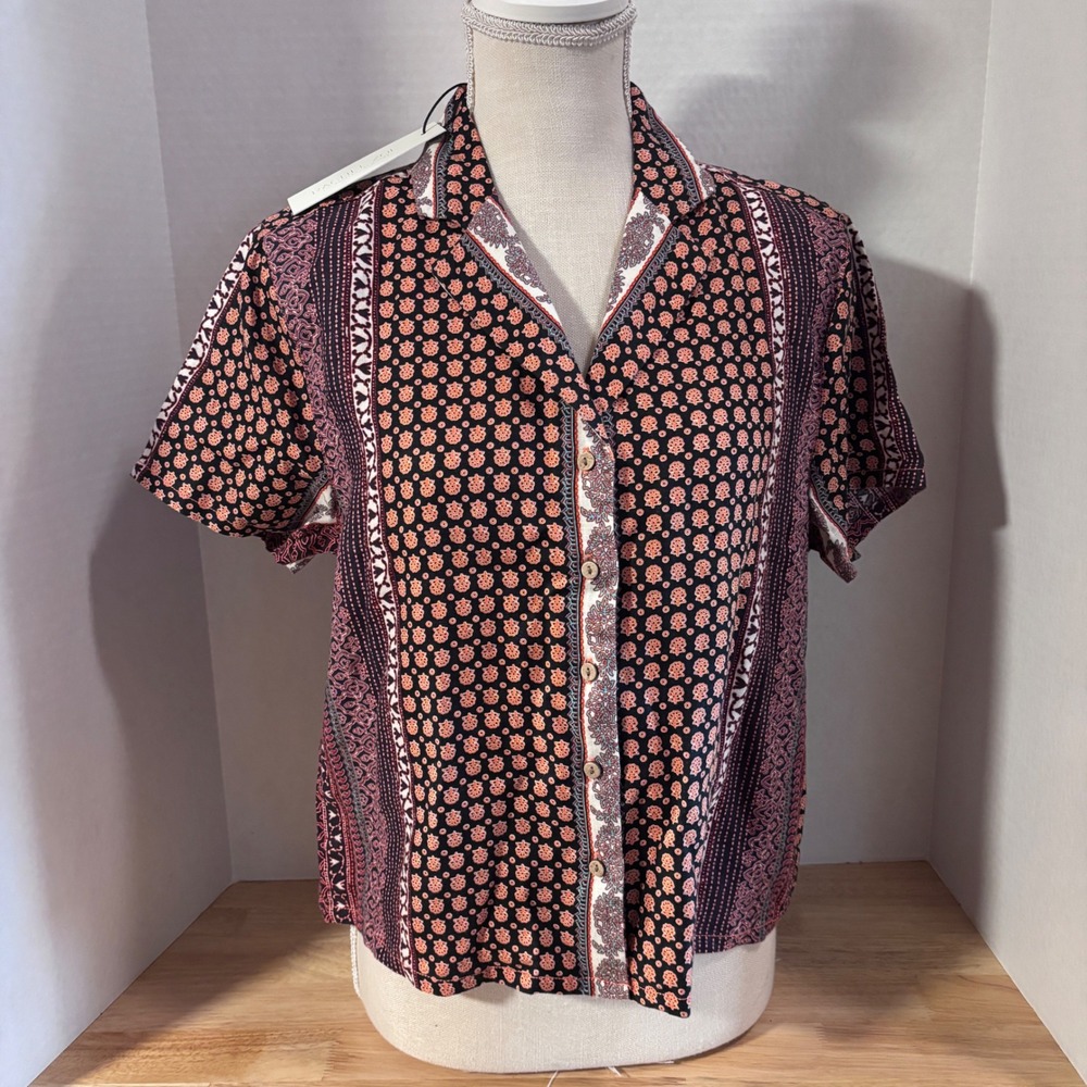 Rachel Zoe Women's Medium Linen Short Sleeve Button Up Shirt Tribal New
